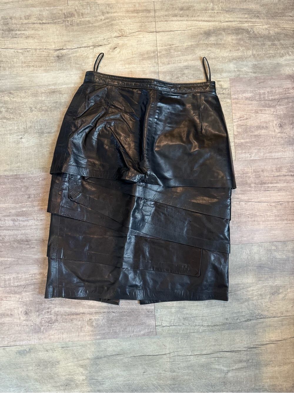 Black Layered Leather Midi Skirt